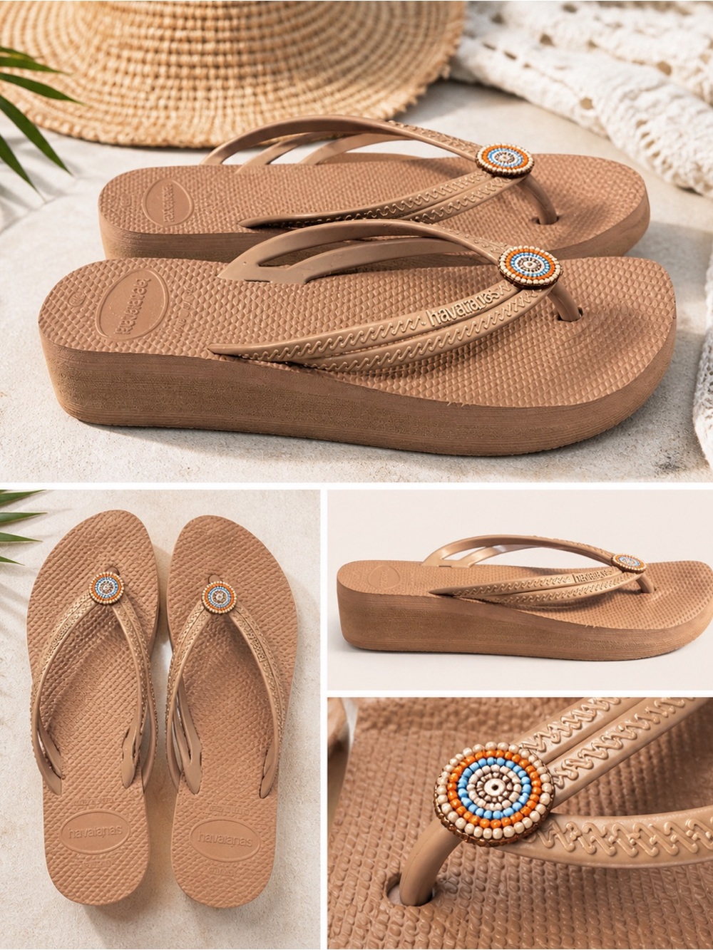 Havaianas Tan Beaded Platform Sandals
